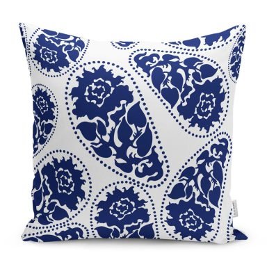 Mavi Çini Motifli Gül Tasarımlı Yastık Kırlent Kılıfı