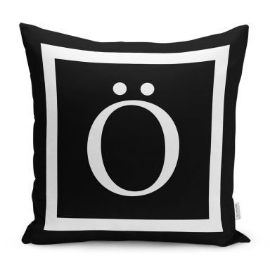 Siyah Zemin Beyaz Çerçeveli Ö Harfi Dijital Baskılı Kırlent Kılıfı