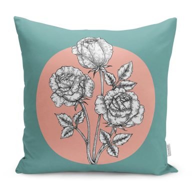 Turkuaz Pudra Zeminli Gül Motifli Yastık Kırlent Kılıfı