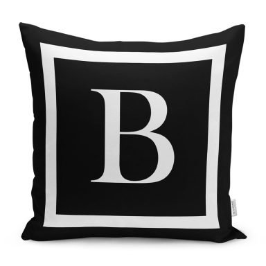 Siyah Zemin Beyaz Çerçeveli B Harfi Dijital Baskılı Kırlent Kılıfı
