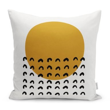 Sanatsal Beyaz Zemin Sarı Yuvarlak Tasarımlı Yastık Kırlent Kılıfı