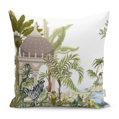 Tropikal Orman Yaprakları & Hayvanları Dijital Baskılı Kırlent Kılıfı