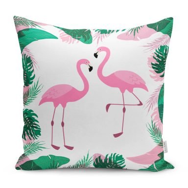 Tropik Yaprak Flamingo Özel Tasarımlı Dijital Baskılı Yastık Kırlent Kılıfı