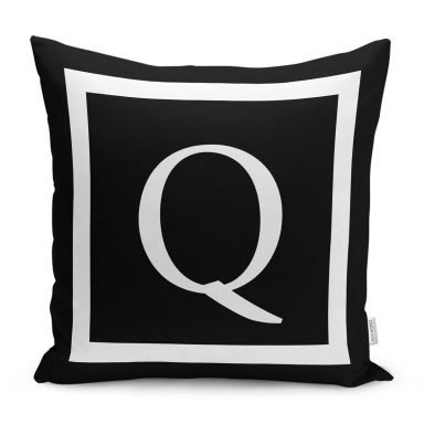 Siyah Zemin Beyaz Çerçeveli Q Harfi Dijital Baskılı Kırlent Kılıfı