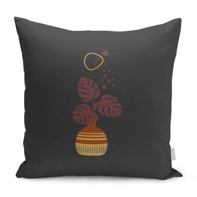 Siyah Zeminli Vazoda Tropik Yaprak Motifli Dekoratif Yastık Kırlent Kılıfı