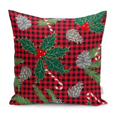 Ekose Zeminli Yılbaşı Temalı Dijital Baskılı Modern Yastık Kırlent Kılıfı