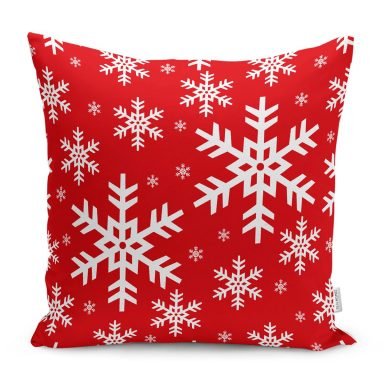 Kırmızı Zemin Kar Tanesi Özel Tasarım Yılbaşı Temalı Yastık Kırlent Kılıfı