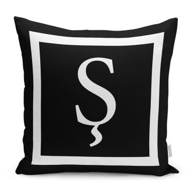 Siyah Zemin Beyaz Çerçeveli Ş Harfi Dijital Baskılı Kırlent Kılıfı