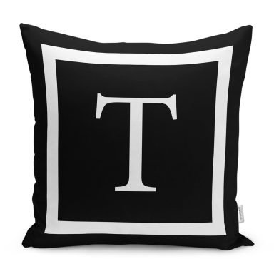 Siyah Zemin Beyaz Çerçeveli T Harfi Dijital Baskılı Kırlent Kılıfı