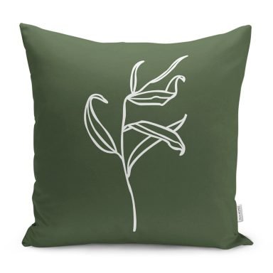 Koyu Yeşil Zeminli Tropik Yaprak Çizgili Modern Yastık Kırlent Kılıfı