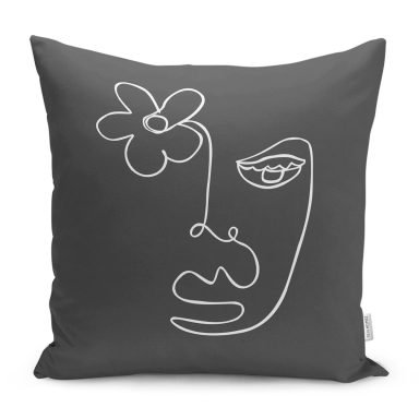 Koyu Gri Zeminli Oneline Çizimli Dekoratif Yastık Kırlent Kılıfı