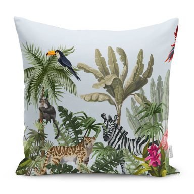 Tropik Hayvan & Yaprak Motifli Dijital Baskılı Kırlent Kılıfı