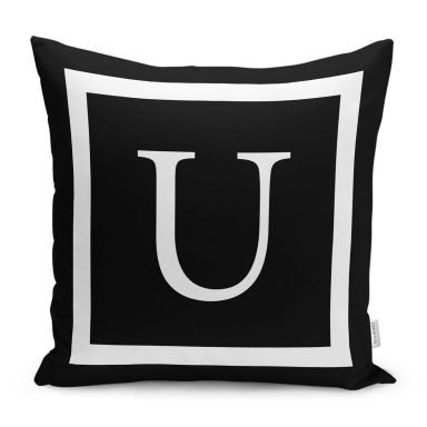 Siyah Zemin Beyaz Çerçeveli U Harfi Dijital Baskılı Kırlent Kılıfı