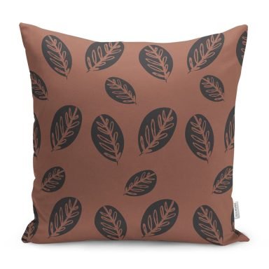Kahve Zeminli Yaprak Tasarımlı Dijital Baskılı Kırlent Kılıfı