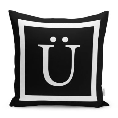 Siyah Zemin Beyaz Çerçeveli Ü Harfi Dijital Baskılı Kırlent Kılıfı