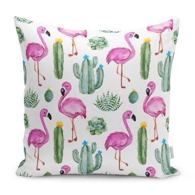 Tropik Kaktüs Flamingo Özel Tasarım Dijital Baskılı Yastık Kırlent Kılıfı