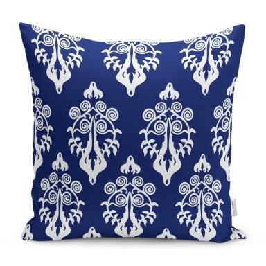 Lacivert Zemin Beyaz Damask Tasarımlı Yastık Kırlent Kılıfı