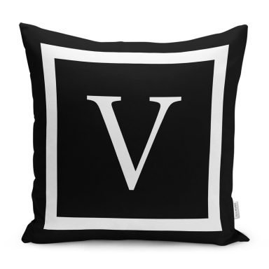Siyah Zemin Beyaz Çerçeveli V Harfi Dijital Baskılı Kırlent Kılıfı
