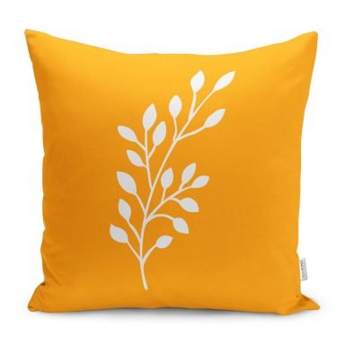 Hardal Zemin Beyaz Çiçek Tasarımlı Yastık Kırlent Kılıfı