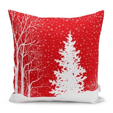 Kırmızı Renkli Yılbaşı Temalı Çam Ağacı Tasarımlı Modern Yastık Kırlent Kılıfı