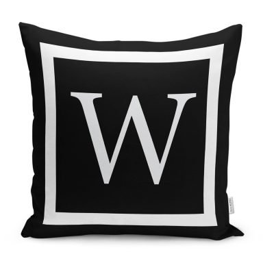 Siyah Zemin Beyaz Çerçeveli W Harfi Dijital Baskılı Kırlent Kılıfı