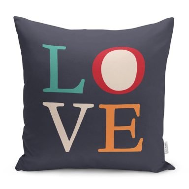 Lacivert Zeminli Love Dijital Baskılı Yastık Kırlent Kılıfı