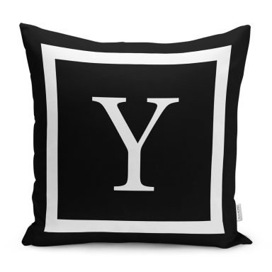 Siyah Zemin Beyaz Çerçeveli Y Harfi Dijital Baskılı Kırlent Kılıfı
