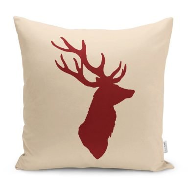 Krem Zemin Kahve Geyik Tasarımlı Modern Yastık Kırlent Kılıfı