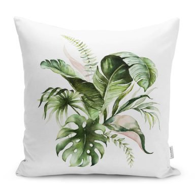 Yeşil Tropik Yaprak Tasarımlı Dekoratif Yastık Kırlent Kılıfı