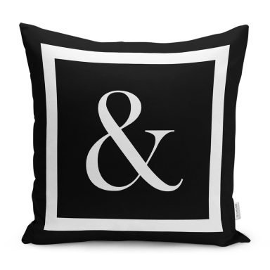 Siyah Zemin Beyaz Çerçeveli & Simgesi Dijital Baskılı Kırlent Kılıfı