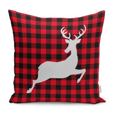 Siyah Kırmızı Ekose Zeminli Beyaz Geyik Yılbaşı Temalı Kırlent Kılıfı