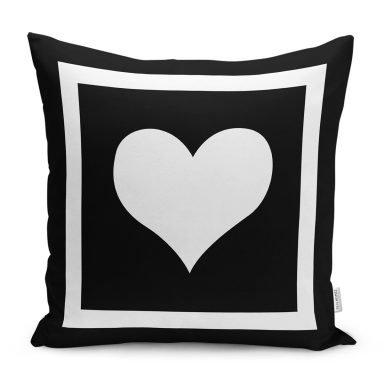 Siyah Zemin Beyaz Çerçeveli Kalp Çizimli Dijital Baskılı Kırlent Kılıfı