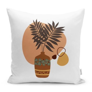 Tropik Yaprak Vazo Temalı Dijital Baskılı Yastık Kırlent Kılıfı