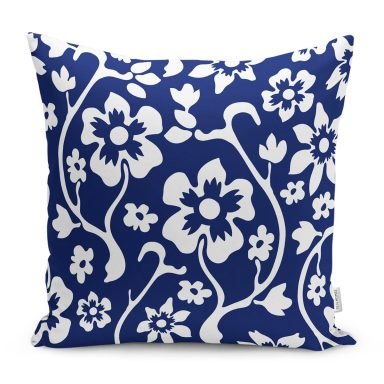 Lacivert Zeminli Beyaz Tropik Yaprak Motifli Yastık Kırlent Kılıfı