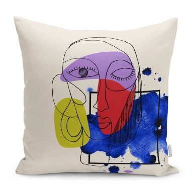 Suluboya Yüz Motifli Dijital Baskılı Dekoratif Yastık Kırlent Kılıfı