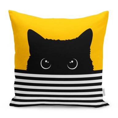 Sarı Zemin Çizgili Motif Kara Kedi Tasarımlı Modern Yastık Kırlent Kılıfı