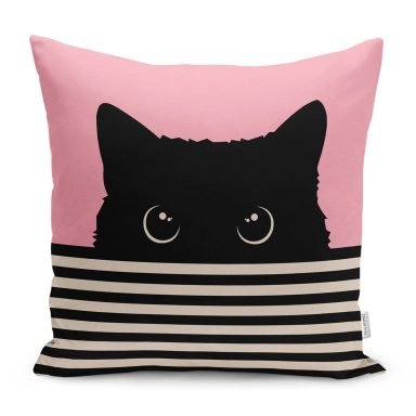 Pembe Zemin Çizgili Motif Kara Kedi Tasarımlı Modern Yastık Kırlent Kılıfı