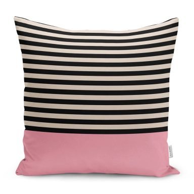 Pembe Zemin Siyah Çizgili Dijital Baskılı Modern Yastık Kılıfı