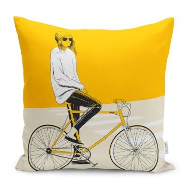 Sarı Krem Zemin Bisikletli Adam Motifli Yastık Kırlent Kılıfı