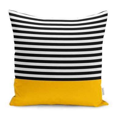 Sarı Zemin Siyah Çizgili Dijital Baskılı Modern Kırlent Kılıfı