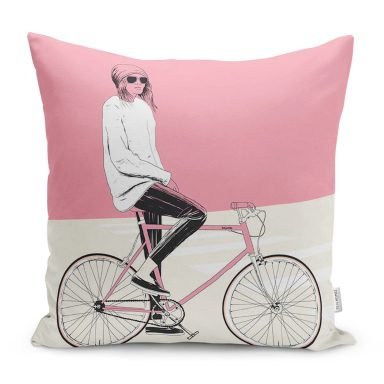 Pembe Krem Zemin Bisikletli Adam Motifli Yastık Kırlent Kılıfı