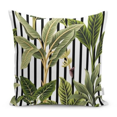 Çizgili Zemin Tropik Yaprak Motifli Modern Yastık Kırlent Kılıfı