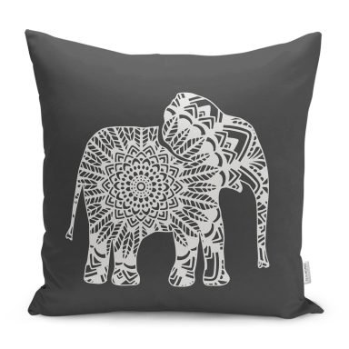 Koyu Füme Zemin Etnik Fil Motifli Dekoratif Yastık Kırlent Kılıfı