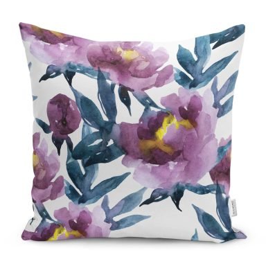 Mor Suluboya Motifli Gül Tasarımlı Modern Yastık Kırlent Kılıfı