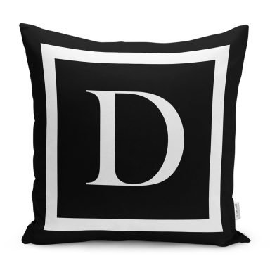Siyah Zemin Beyaz Çerçeveli D Harfi Dijital Baskılı Kırlent Kılıfı