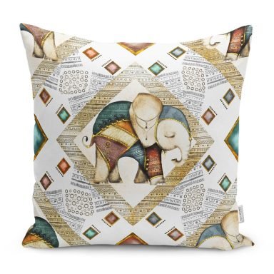 Etnik Motifli Fil Tasarımlı Dijital Baskılı Yastık Kırlent Kılıfı