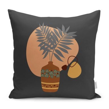 Koyu Gri Zeminli Vazo Temalı Dekoratif Yastık Kırlent Kılıfı