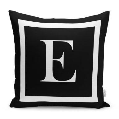 Siyah Zemin Beyaz Çerçeveli E Harfi Dijital Baskılı Kırlent Kılıfı