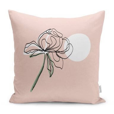 Pembe Zemin Oneline Gül Çizimli Modern Yastık Kırlent Kılıfı
