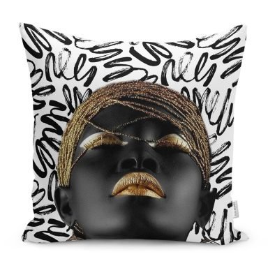 Dalgalı Siyah Beyaz Zemin Afrika Kadın Motifli Yastık Kırlent Kılıfı
